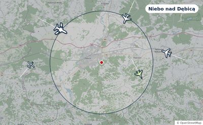 Mapa okolic miasta z sylwetkami samolotów — Niebo nad Dębicą na żywo