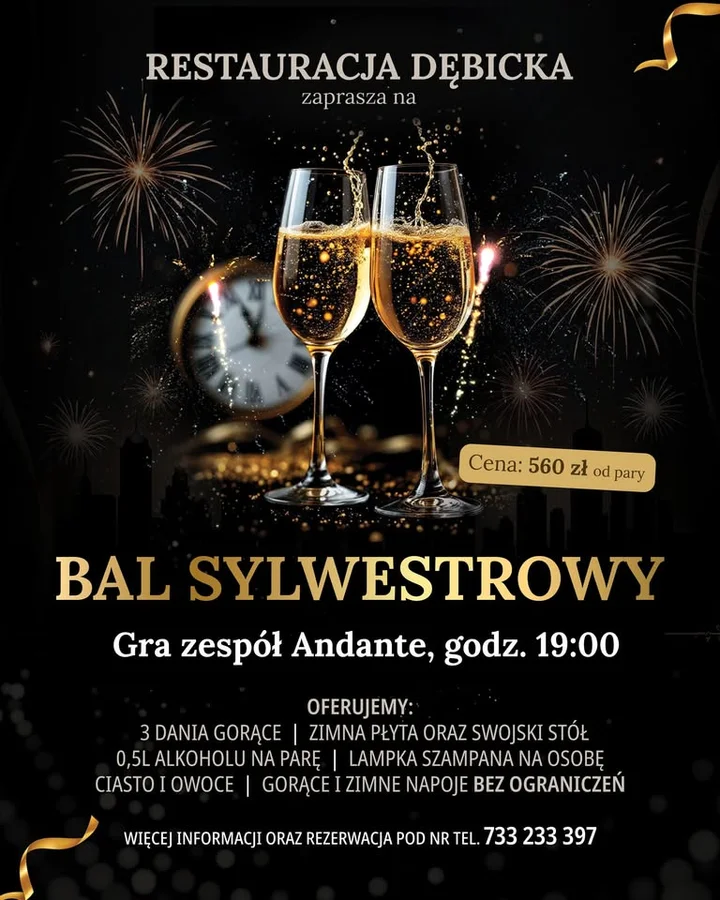 Grafika promocyjna wydarzenia Bal Sylwestrowy w Restauracji Dębickiej — Sylwester 2025