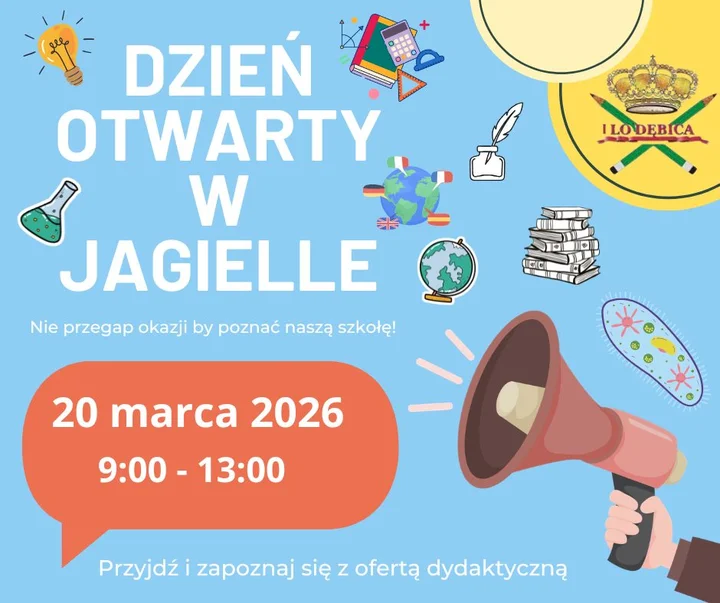 Grafika promocyjna wydarzenia Dzień Otwarty w szkole — przyjdź i zobacz, jak wygląda nauka od środka