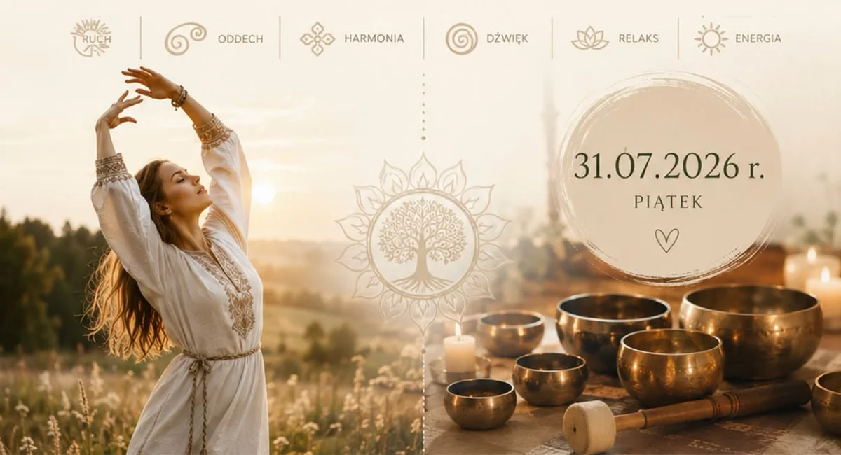 Grafika promocyjna wydarzenia Gimnastyka Słowiańska i koncert Mis Tybetańskich w Dębicy