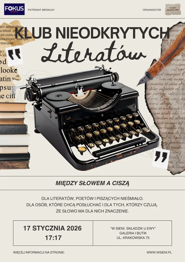 Grafika promocyjna wydarzenia Klub Nieodkrytych Literatów — „Między słowem a ciszą”