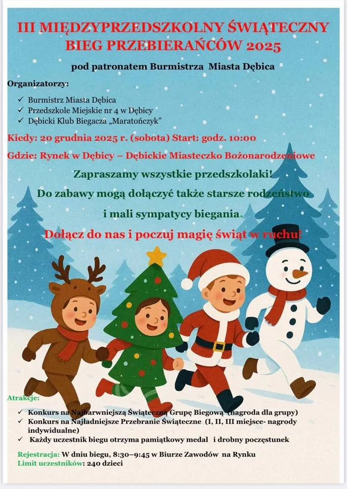Grafika promocyjna wydarzenia Międzyprzedszkolny Świąteczny Bieg Przebierańców w Dębicy