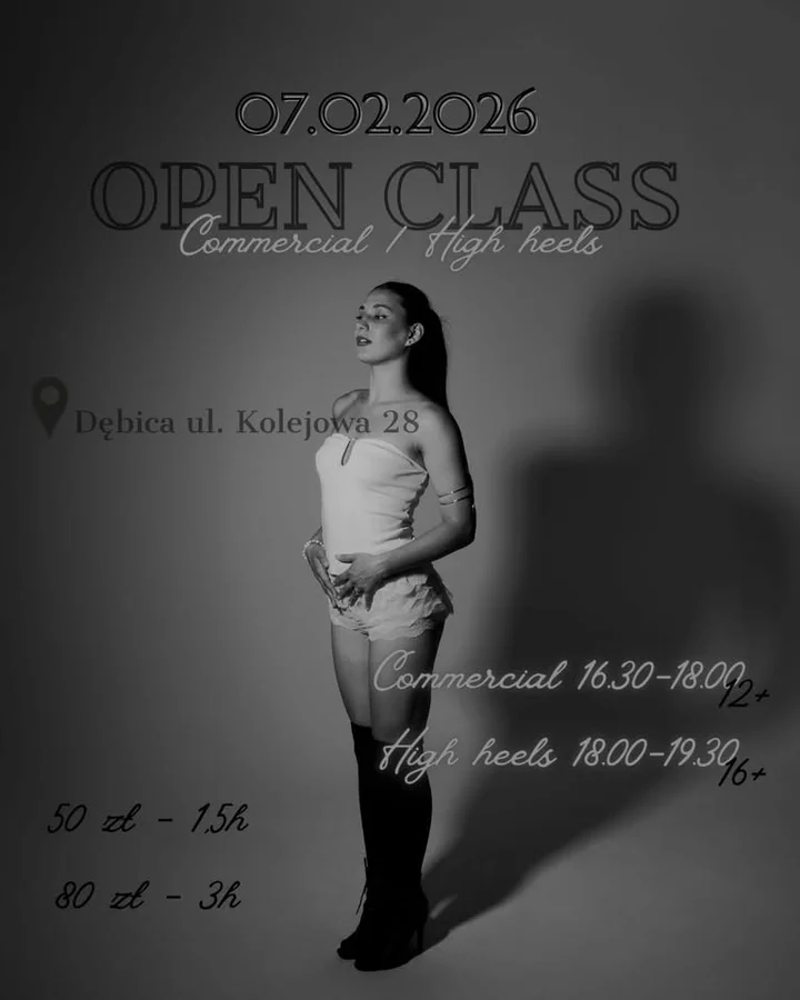 Grafika promocyjna wydarzenia Open class Commercial & High heels Dębica — zajęcia taneczne 7 lutego