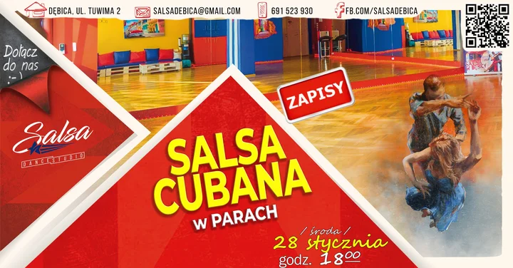 Grafika promocyjna wydarzenia SALSA Cubana od podstaw — nowa grupa w Salsa Dance Studio Dębica
