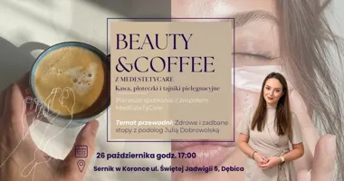 Grafika promocyjna wydarzenia Beauty&Coffee z MEDESTETYCARE: spotkanie o pielęgnacji