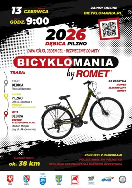 Grafika promocyjna wydarzenia Bicyklomania 2026 w Dębicy. Największy rajd rowerowy w regionie wraca na trasę