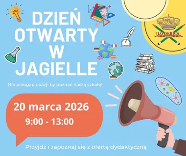 Grafika promocyjna wydarzenia Dzień Otwarty w szkole — przyjdź i zobacz, jak wygląda nauka od środka