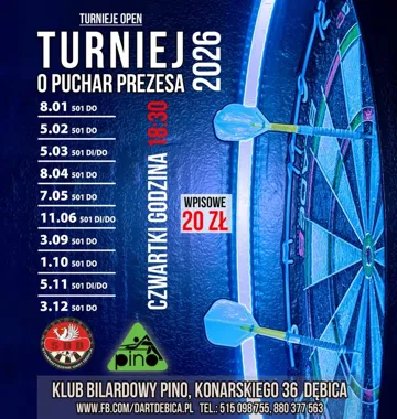 Grafika promocyjna wydarzenia Puchar Prezesa 2026 — cykl 10 otwartych turniejów darta