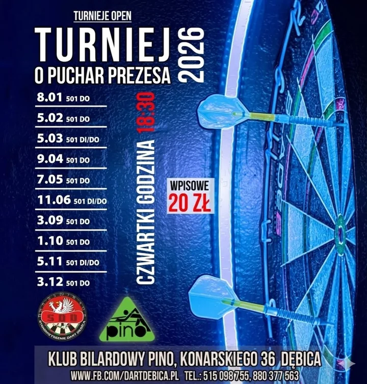 Grafika promocyjna wydarzenia Puchar Prezesa 2026 — otwarty cykl turniejów darta w Pino Dębica