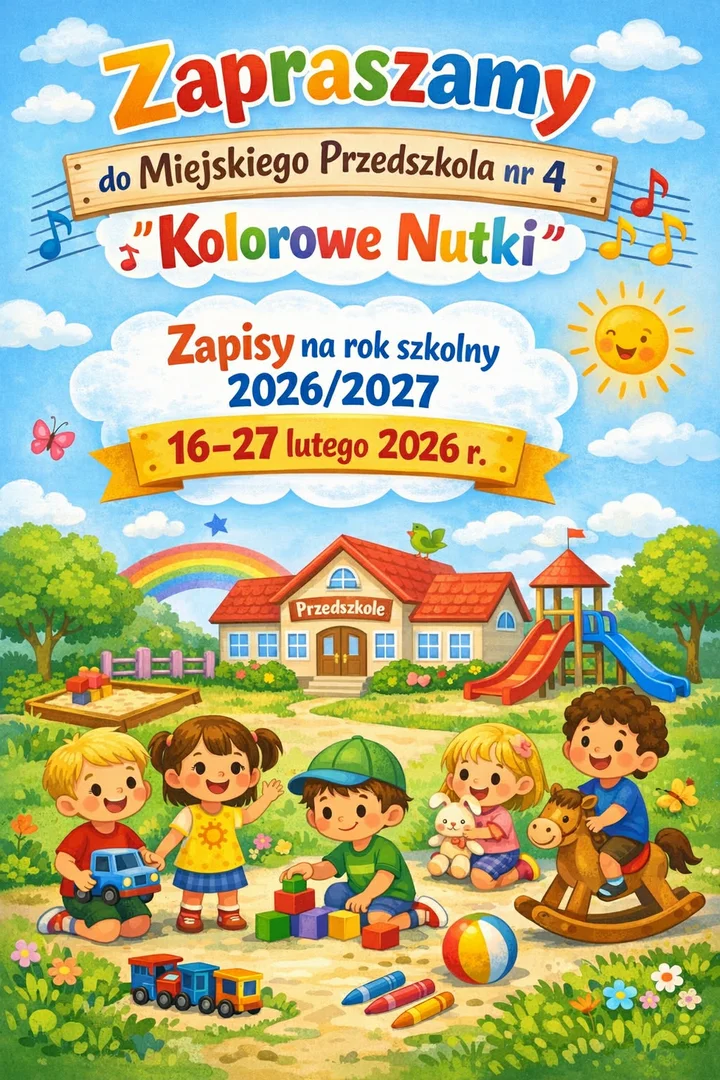 Grafika promocyjna wydarzenia Zapisy do Przedszkola Miejskiego nr 4 „Kolorowe Nutki” na rok 2026/2027