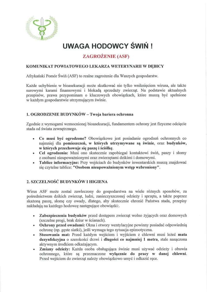Hodowcy świń w powiecie dębickim muszą wzmocnić bioasekurację przed ASF