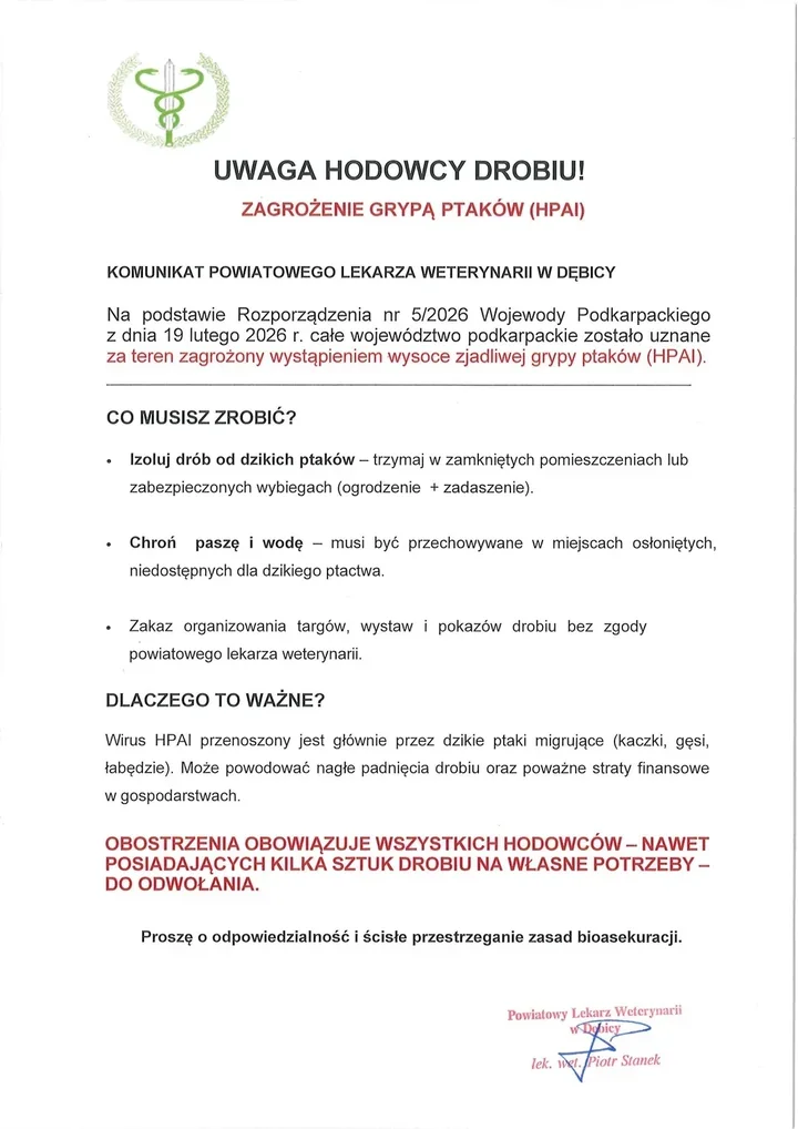 W całym Podkarpaciu obowiązują ograniczenia z powodu wysoce zjadliwej grypy ptaków